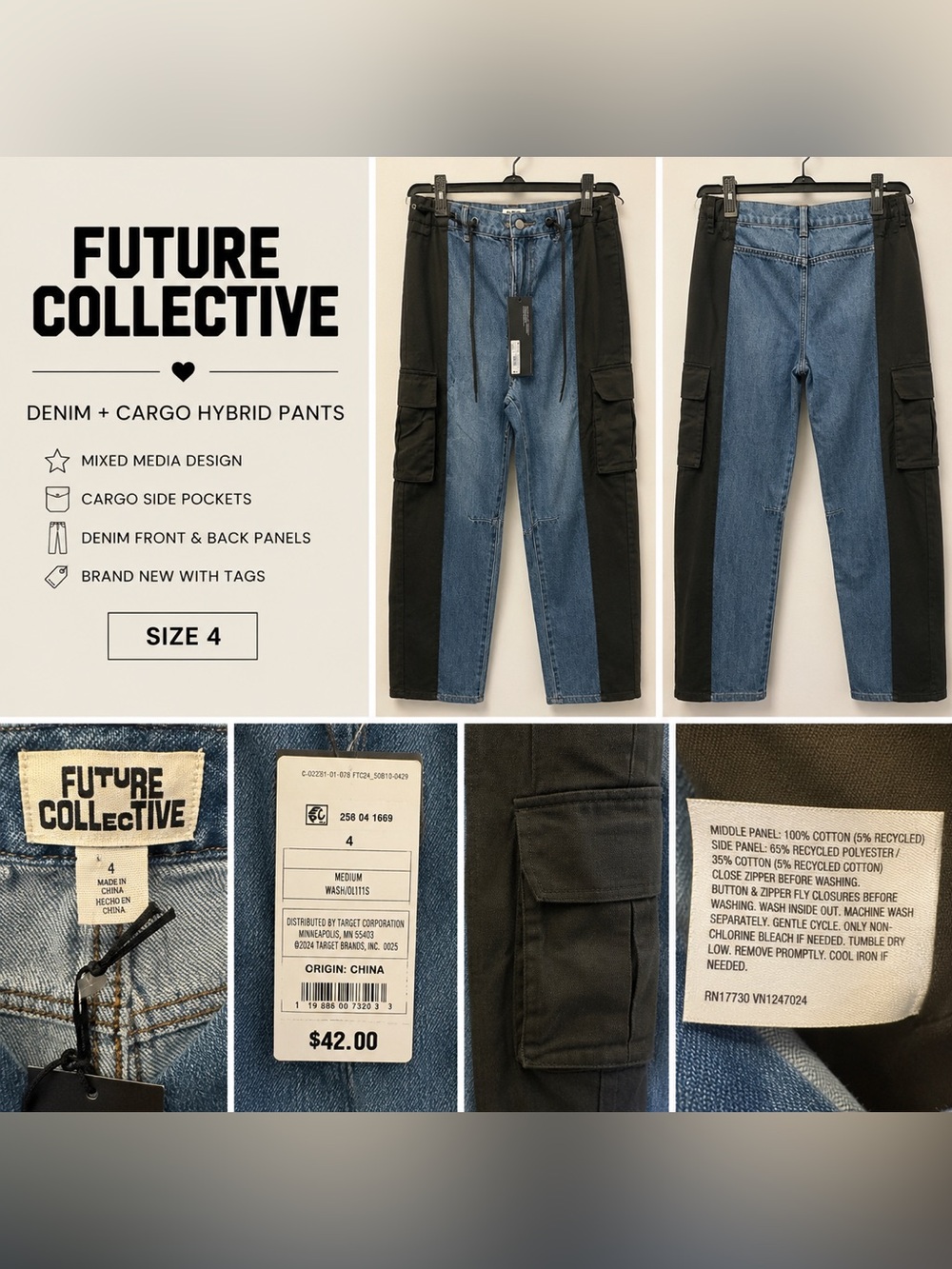 Future Collective Women’s Blue & Black Denim Cargo Hybrid Jeans
